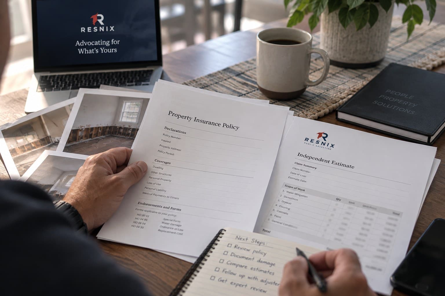 A property owner at a kitchen table comparing a property insurance policy against a Resnix independent estimate, with damage photos, a notebook of next steps, and a laptop showing the Resnix logo.